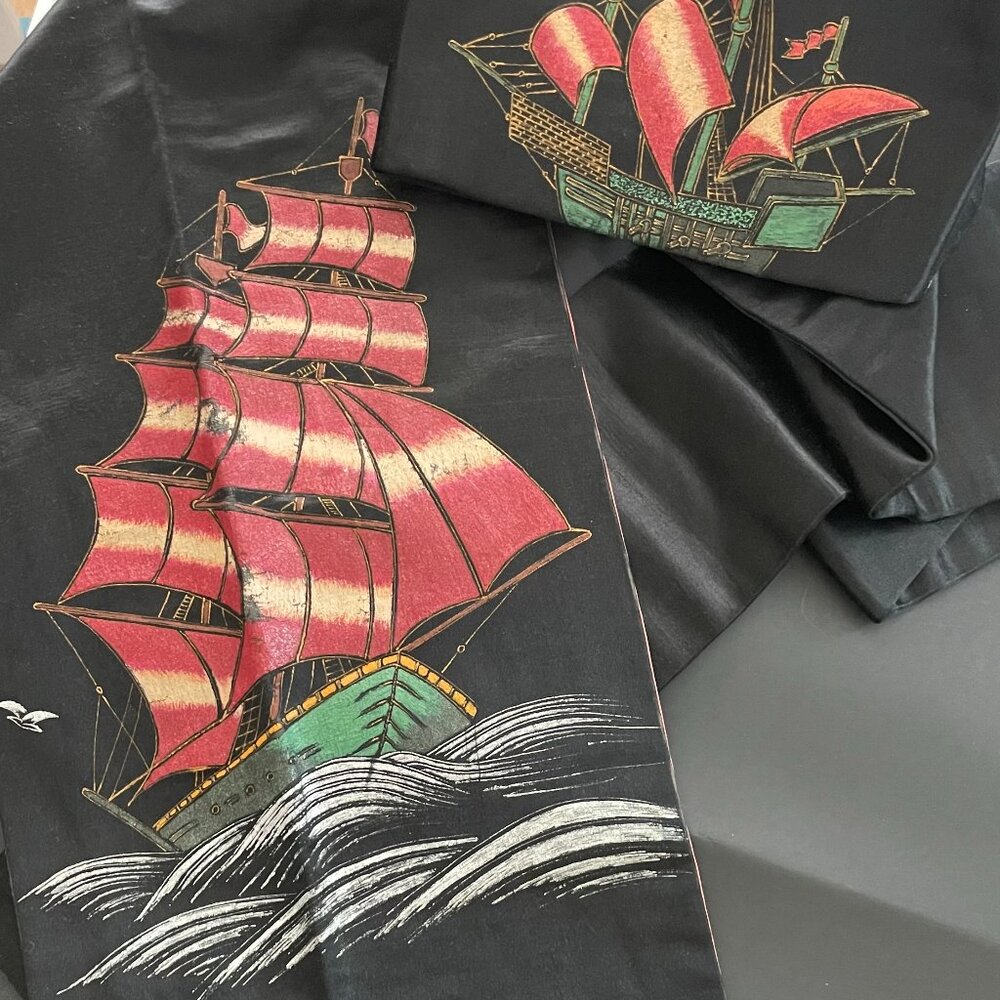 Japanese Nagoya Obi Sash in Pure Silk with a Painted Picture of an Old Ship